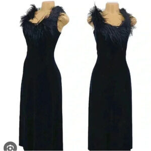 Jeffery and Dara Black Velvet Ostrich  Feather Evening Gown